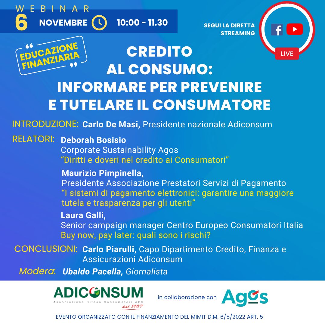 Consumo: in streaming un webinar di Adiconsum